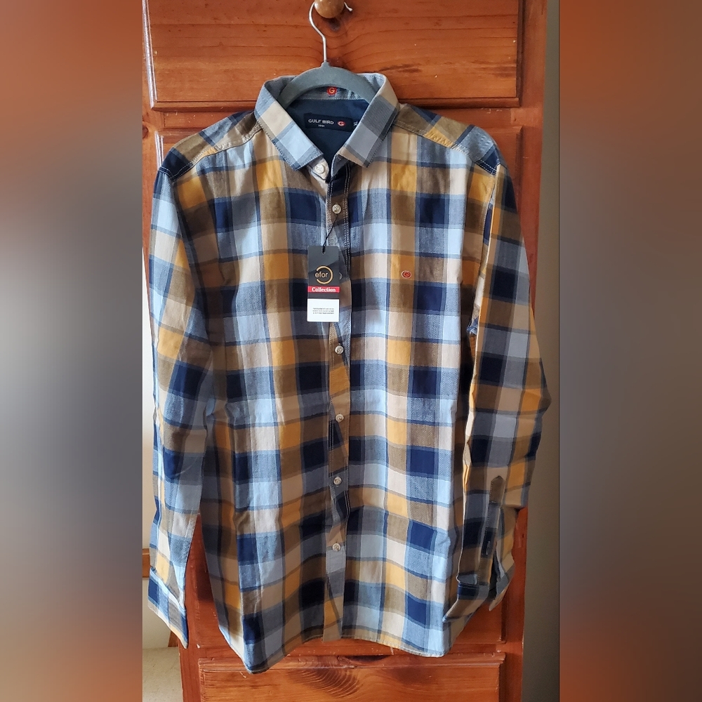 Mens Gulf bird 1991 blue and brown plaid long sleeve button up shirt.  Size XL